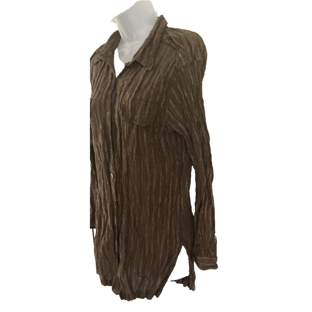 Chico’s Brown Metallic Crinkle Shirt Button Down Size 2 (L) Long Sleeve Tunic - Picture 7 of 8